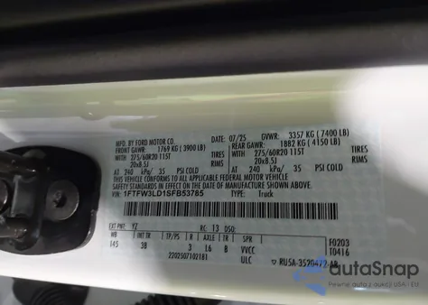 2025 Ford F-150 Xlt z USA, uszkodzony, nr VIN 1FTFW3LD1SFB53785